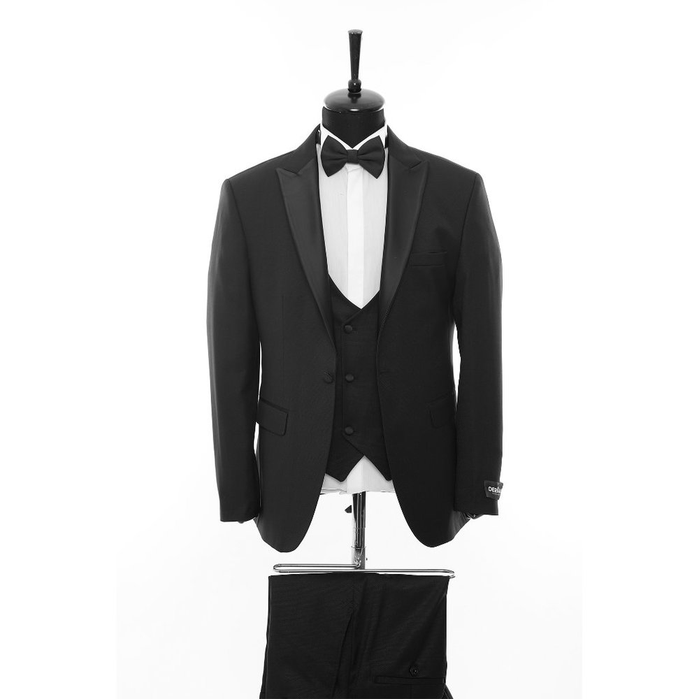 Peak Lapel Black Turkish Tuxedo w/ Double-Breasted Vest, Bow-Tie